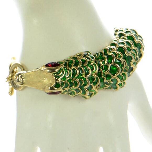 Vintage Kenneth Jay Lane KJL Enamel Alligator With Crystal Eyes Bracelet
